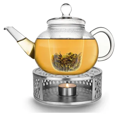 Produktbild von Creano Teekanne aus Glas 1,2l mit Glassieb und silver Stövchen "Leaf"
