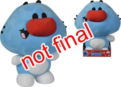 A plush toy of the character Oggy Oggy is shown in two views against a white background. The larger view is in the foreground, and a smaller view in its packaging is in the background. A red overlay with the text 'not final' is present on the larger toy.