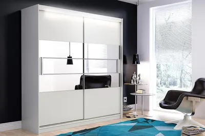 Obrázek produktu pro Dvoukřídlá posuvná skříň LUIS 200 × 215 × 60 cm se zrcadlem a LED osvětlením – prostorná, moderní a funkční
