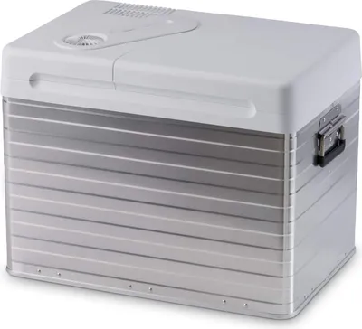 A white and silver portable cooler.