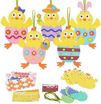 Produktbild von LAMEK 12 Osterküken Bastelset für Kinder Ostern Anhänger Deko Kreative Kunsthandwerk Bastelhandwerk Kreativset mit Mix & Match Moosgummi Teilen Osterdeko zum Basteln für Ostern