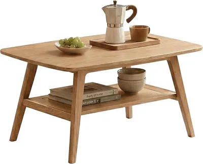 Imagen del producto de Mesa de centro de madera maciza de roble, mesa para el salón con 2 niveles y espacio de almacenamiento, mesa auxiliar para el sofá, dimensiones: 100 x 50 x 44 cm, color nogal