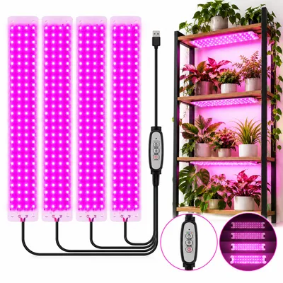Productafbeelding van Plantlamp met 384 LED's, volledig spectrum, 5V USB, 4 panelen, groeilamp met timer (3/9/12 uur) en 4 helderheidsniveaus, ultradun, geschikt voor kamerplanten, groenten en bloemen