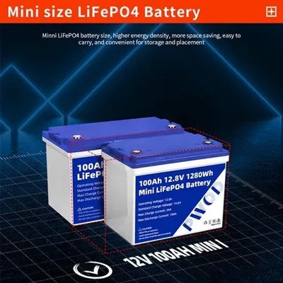 Obrázek produktu pro LiFePO4 baterie 12V 100Ah s vestavěným systémem řízení baterie (BMS), s kapacitou 1280 Wh, určená pro použití v obytných vozech a solárních systémech