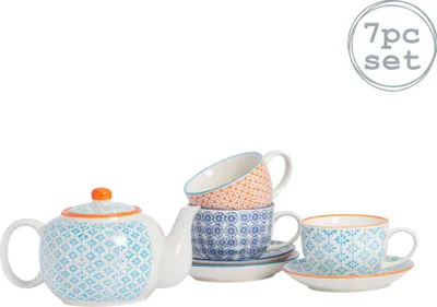 Produktbild von Nicola Spring 7-teiliges handbedrucktes Teekannen-Tassen- und Untertassen-Set