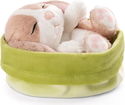 Produktbild von NICI Kuscheltier Sleeping Pets Hase cappuccino 12cm im grünen Körbchen