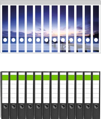Produktbild von Wallario 12 Stück schmale Ordner inkl. Klebeetiketten mit Motive Steg bei Abenddämmerung - Blauer Himmel bei Nacht -  Set mit Rückenschildern / Ordnerrücken Stickern