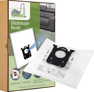 A product box for Etana vacuum cleaner bags, with a vacuum cleaner bag shown in the foreground.