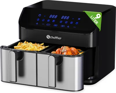 Produktbild von Scheffler Doppel-Heißluftfritteuse 9 Liter, XXL Airfryer Doppelkammer, 2x 4,5L Kammer,  8 Programme, Dual Cook & Sync Finish, 8 Programme digitale
