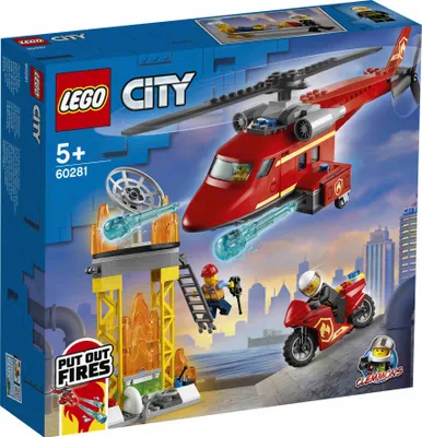 Productafbeelding van LEGO 60281 City Brandweerhelikopter, speelgoedhelikopter met motorfiets, brandweerman en piloot als minifiguren, geschikt voor kinderen vanaf 5 jaar