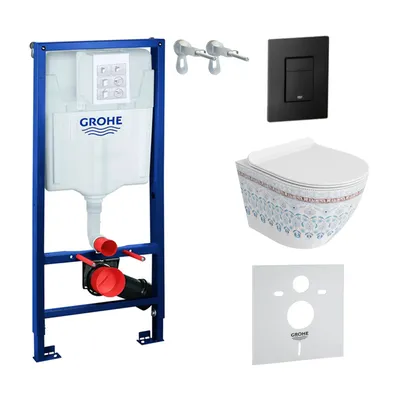 Produktbild von GROHE Vorwandelement Solido + Wand Hänge WC Sofi Slim Folklor Spülrandlos + WC-Sitz SoftClose | Schwarzer Knopf | Komplettset | Unterputz Spülkasten |  Toilette Komplett Sett