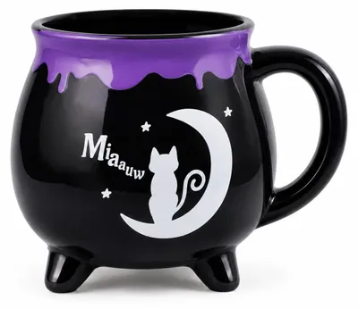 Heksenketelmok 350 ml, schwarz, Miaauw-Motiv, für Kaffee & Tee