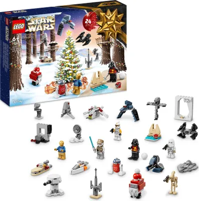 Produktbild von LEGO 75340 Star Wars Adventskalender 2022, 24 Weihnachtsspielzeuge, darunter Minifiguren Gonk Droid, R2-D2, Darth Vader und baubare Fahrzeuge