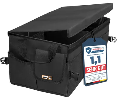 Productafbeelding van Premium bagageorganizer voor in de kofferbak met deksel en klittenband | Grote, opvouwbare en antislip bagagetassen voor boodschappen, vakanties en om alles netjes op te bergen | Universele, XXL opvouwbare kofferbakbox, auto-accessoire