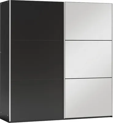 Produktbild von Furniture24 Kleiderschrank VIGO 150 Schwebetürenschrank Schrank mit Schiebetür 2 Kleiderstangen 4 Einlegeboden Schwarz mit Spiegel , 151 cm breit