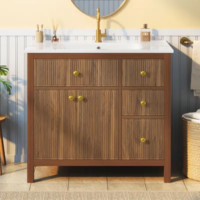 Image de Meuble sous-vasque Merax, 91 cm, armoire de salle de bain avec vasque en céramique, meuble-lavabo à motif ondulé, 3 tiroirs, double porte, système de fermeture douce, finition noyer