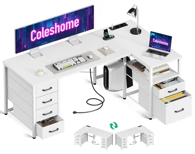 Eckschreibtisch L-Form 140x80 cm, mit Stoffschubladen, USB & Steckdose, Weiß