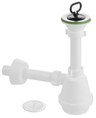 Produktbild von Aqualine Waschbeckensiphon, Edelstahl-Ablauf 80 mm, Stöpsel mit Griff, DN32, weiß