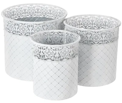 Produktbild von 3er Set Pflanztopf Spitzenmuster Metallgefäße Weiß Silber Dekoeimer Shabby Chic Ø29,5/25,5/20cm