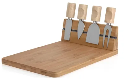 Käsebrett-Set, 5-teilig, Holz, 30x20 cm, mit Messern und Gabel