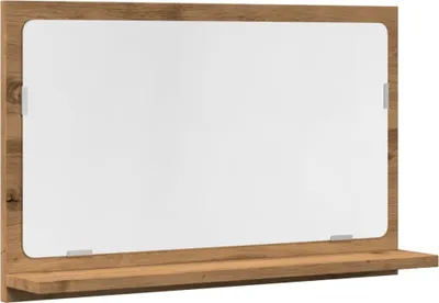 A mirror with a shelf attached, presented against a white background.