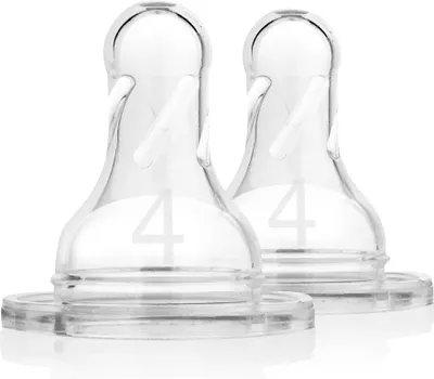 Two clear baby bottle nipples are shown against a white background.