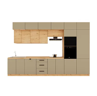 Produktbild von Küchenzeile 400 cm Küchenblock Kühlumbauschrank Ohne Arbeitsplatte Küchenzeile Einbauküche, Langen KL9-M400, Beige/Artisan Eiche