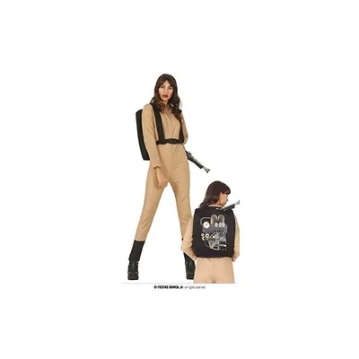 Two models wearing a beige jumpsuit costume with a proton pack accessory, one standing and one from the back.