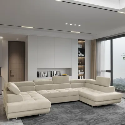 Produktbild von Masseno Ecksofa RAGGIO mit Schlaffunktion U-Form, Sofa mit Bettkasten, Wohnzimmersofa, Couch, Soffa, Bettsofa, Couchgarnitur- Creme, MONOLITH 04