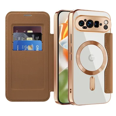 Produktbild von Klapphülle für Google Pixel 9 Pro Kompatibel mit Magsafe, Klar Überzug Kartenhalter Ledertasche mit Kameraschutz Braun