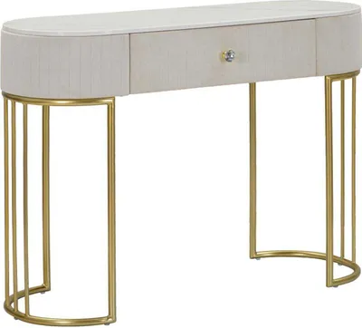 Produktbild von Montpellier Crema Glam Konsolentisch – Vergoldetes Metallgestell mit Marmorimitat-Platte und cremefarbenem Stoffbezug, 100 x 40 x 75 cm – Elegante Möbel
