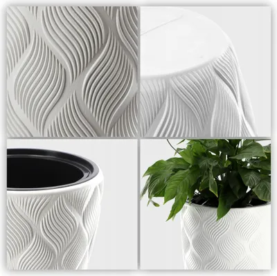 A collage of four images showing details of a white textured plant pot, including close-ups of the pattern, the interior, and a plant in the pot.
