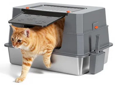 Produktbild von Ikodm XXXL Edelstahl Katzenklo mit Deckel grau geschlossene Katzentoilette für große Katzen mit Schaufel