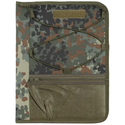 A close-up view of a camouflage-patterned A4 writing pad or folder.