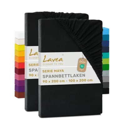 Produktbild von Lavea® 2er Pack Spannbettlaken 90x200cm - 100x200cm, Bettlaken 100% Baumwolle Jersey, mit Rundumgummizug, für Matratzen bis 20 cm Höhe, weich, formstabil, langlebig, Schwarz
