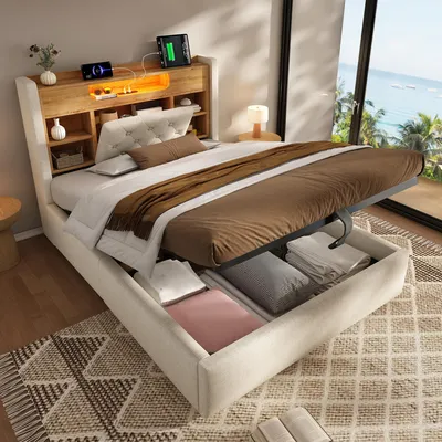 Image de Lit rembourré Flieks 90 x 200 cm avec ports USB et Type-C, lit hydraulique avec rangement et étagère, lit simple pour adolescent avec revêtement en cuir, lin, beige