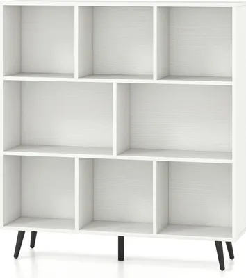 A white bookshelf with black legs on a white background.