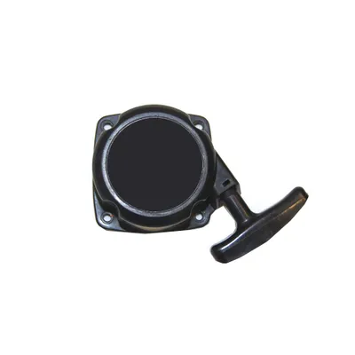 A black starter pull cord mechanism for a garden tool, isolated on a white background.