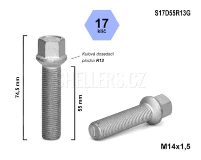 Obrázok produktu pre Skrutka kolesa M14x1,5x55 guľa R13, kľúč 17, S17D55R13G, výška 74,5 mm