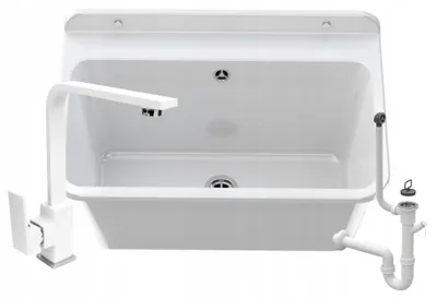 Zdjęcie produktu dla Granitan | Zlewozmywak przemysłowy – LARGE – z baterią – z syfonem – biały – 61 x 41 cm – do pralni i garażu