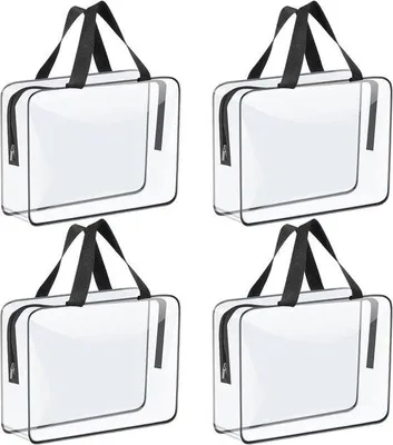 Produktbild von Vier große durchsichtige Reisebeutel für Kosmetik - 4 Pack, tragbar, groß, wasserdicht, mit Reißverschluss und Griff, ideal für Strand, Reisen, Einkauf und Organisation.