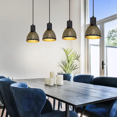 Produktbild von Hängelampe, Metall schwarz gold, Holzoptik,  H 120 cm