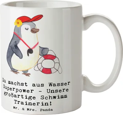 Produktbild von Mr. & Mrs. Panda Tasse Superpower Schwimmen Trainerin - Weiß - Geschenk, Sportart, Engagement, Kaffeebecher, Becher, Bedruckte, großartig, Choreografie, Pott, Danksagung