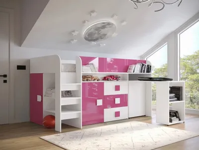 Obrázek produktu pro Zvýšená multifunkční dětská postel 90x200 LANKA 1 - bílá / lesklá bílá / lesklá růžová
