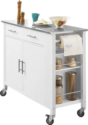 Produktbild von SoBuy FKW108-W Design Küchenwagen mit Edelstahlplatte Kücheninsel Küchenschrank Sideboard auf Rollen Servierwagen Weiß BHT ca.: 107x94x46cm