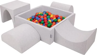 Produktbild von KiddyMoon spielplatz aus schaumstoff mit quadrat bällebad (200 bälle) ballgruben für babys spielbad hindernisläufen, hergestellt in der eu, hellgrau:gelb/grün/blau/rot/orange