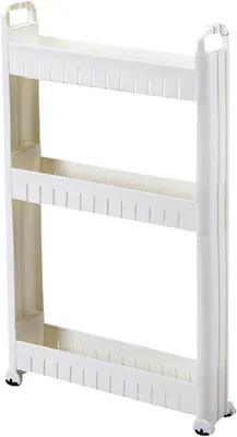 Produktbild von Rollwagen, schmal, 3 Ebenen, mobiles Regalsystem für Büro, Waschküche, Bad, Küche, Kunststoff, weiß, 10 cm breit