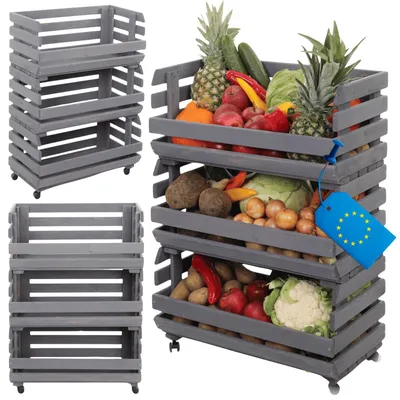 Produktbild von MODO24 Gemüseregal Holz, 3 Holzkisten, Kartoffelsteige, Obstregal, Rollenregal, Stapelbar, Vorratsregal, Massivholz Kiefer, 81x57x30 cm, Grau, RAWA