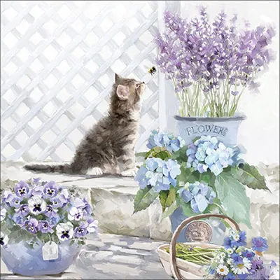 Produktbild von Servietten Papier 33x33cm 3-lagig mit Katze & Blumen Motiv 20 Stück
