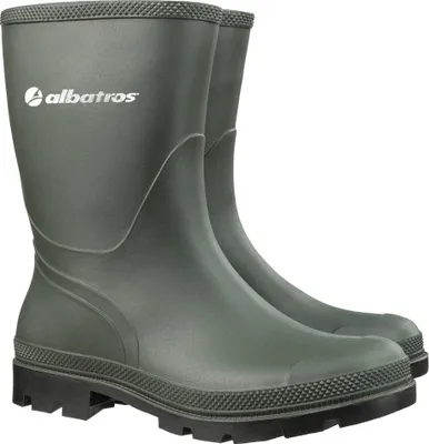 A pair of green rubber boots on a white background.